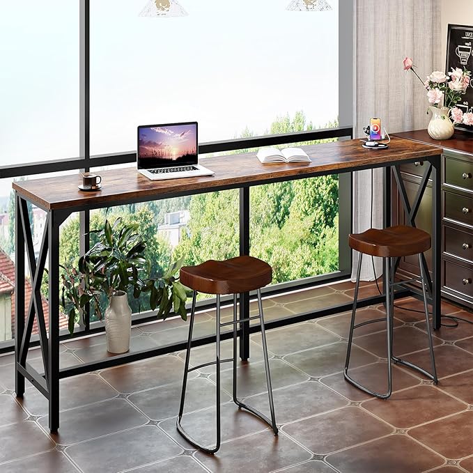 70.9'' Bar Table, Kitchen Dining Table with Power Outlet and Footrest, Industrial Style, for Pub, Living Room, Rustic Brown and Black TBT08UBF