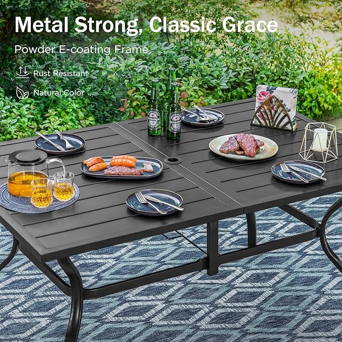 PHI VILLA 7 Pieces Outdoor Dining Set for 6 with Umbrella, 60" Long Metal Table & Stackable Iron Chairs with Cushions & 13ft Red Umbrella, Modern Steel Furniture Set for Patio, Deck, Yard, Porch