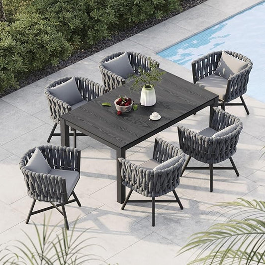 Grand patio 7-Piece Outdoor Dining Set for 6, Patio Dining Furniture Set for 6 Swivel Rope Wicker Chairs & 1 Straight Legs Rectangular Dining Faux Woodgrain Table with Umbrella Hole, Dark Gray