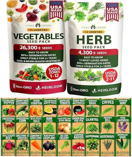 HOME GROWN 70 Variety Vegetable & Herb Seeds 32,000+ USA Non-GMO Heirloom Survival Seeds Garden Kit for Spring, Fall, Winter Indoor & Outdoor Planting Starter Set for Home Gardeners & Preppers
