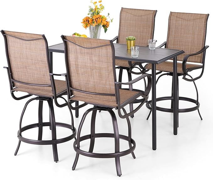 PHI VILLA 5 Piece Outdoor Bar Set, Counter Height Patio Bar Table and Chairs with 26.8" Swivel Bar Stools Brown & Rectangle Bar Table for Garden, Terrace, Yard and Deck