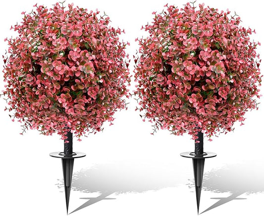 Artificial Topiary Bushes for Outdoors with Spike, Boxwood Ball Fake Shrubs UV Resistant Faux Plants for Indoor Outdoor Fall Thanksgiving Halloween Decor (Red Eucalyptus)