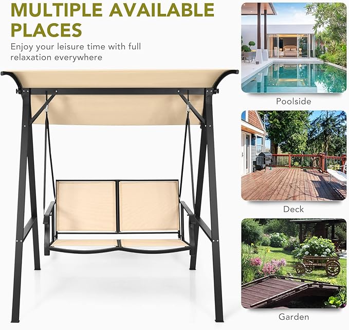Tangkula 2-Person Patio Swing, Weather Resistant Porch Swing with Adjustable Canopy, Steel Frame, Outdoor Modern Canopy Swing with Handrails, Suitable for Porch Garden Poolside (Coffee)