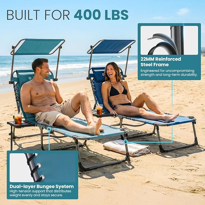 FUNDANGO 4 in 1 Tanning Chair with Face Hole & Canopy Shade, Beach Lounge Chair with Side Table Chaise Lounge Chairs for Patio, Pool, Lawn, Sunbathing, 5-Position Adjustable Sun Lounger,Cyan