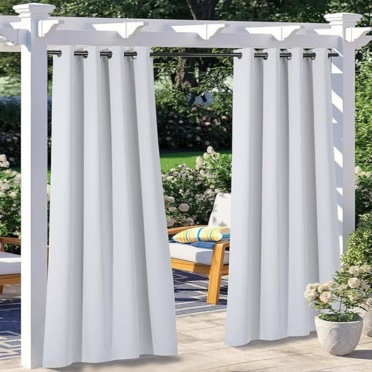 NICETOWN 2 Panels Exterior Greyish White Outdoor Curtains for Patio Waterproof, Thermal Insulated Stainless Steel Grommet Durable Outside Vertical Drapes for Yard Party/Picnic, W52 x L95