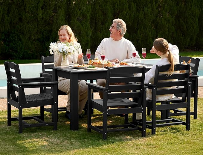 SERWALL Patio Dining Set for 6, Outdoor Dining Sets for 6 Person with 1 Umbrella Hole Cut-Out Rectangular Table and 6 Chairs, HDPE Dining Sets for Garden, Backyard, Poolside, Black