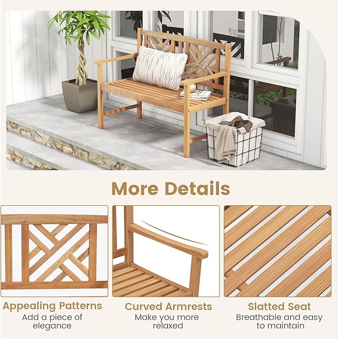 COSTWAY Outdoor Wooden Bench, Outdoor Acacia Wood Loveseat with Curved Armrest & Backrest, Sturdy Wood Bench for Garden, Park & Porch, 47.5"x 22" x 34”