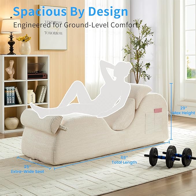 ijuicy 25" Wide Corduroy Yoga Chair, Yoga Lounge Chair for Adults, Chaise Lounge Chair Indoor/Yoga Lounger with Headrest, Waist Cushion, Movable Footrest, Side Pockets, High Density Sponge-Beige