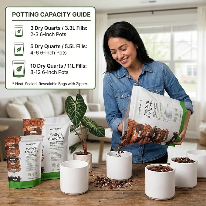 Molly's Aroid Mix - Premium Soilless Potting Mix for Houseplants - Fast Draining, Chunky & Easier to Water vs. Soil for Indoor Plants - with Bark, Coco Chips, Worm Castings, Mycorrhizae 3 Dry Quarts
