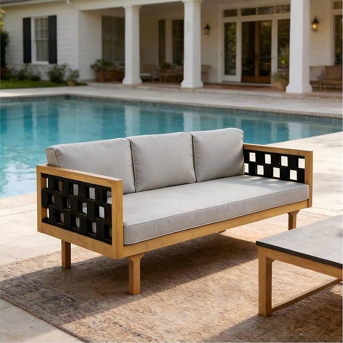 Christopher Knight Home Rosie Acacia Wood Outdoor Daybed Sofa with Water-Resistant Cushion, Solid Wood Patio 3 Seater Sofa Couch, Patio Garden Lounge Sofa with Woven Rope Accent, Black+Teak+Light Gray