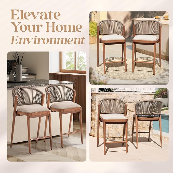 IDZO 400lbs Capacity Counter Stools Set of 2, 24 Inches Counter Height Bar Stools with Cushions, Durable Rope Design, Ergonomic Backrest for Indoor and Outdoor Comfort, Easy Assembly for Any Space