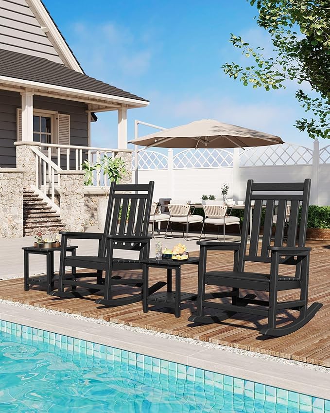 HDPE Rocking Chair Outdoor Set of 4 with 2 Side Table - Poly High Back Porch Rocker Chairs for Adults - All Weather Resistant Furniture for Patio Front Porch - Black