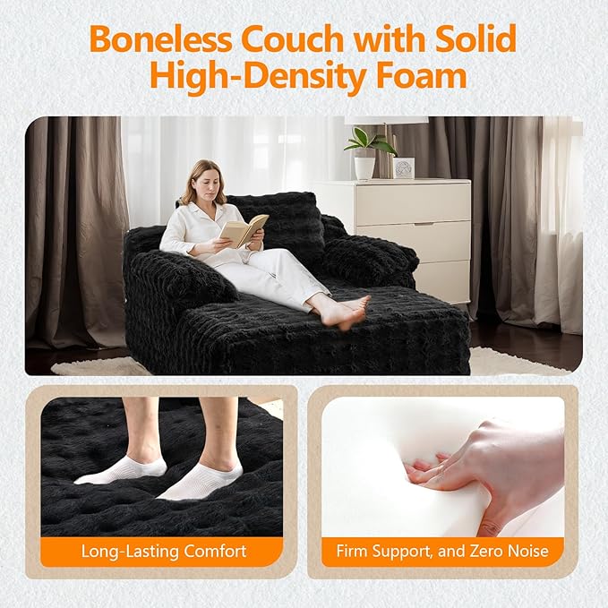 VINGLI 67.7" Oversized Chaise Lounge Chair Indoor Reading Chairs Comfy Bubble Fleece Upholstered Boneless Sofa Bed Sleeper Sofa Cloud Couches for Living Room, Bedroom, Play Room (Black)