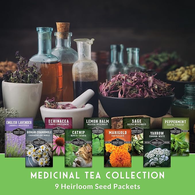 Medicinal Tea Herb Seeds for Planting | 9 Variety Pack of Heirloom, Non-GMO Herbs – Grow Herbal Teas, Natural Remedies – Home Apothecary Garden Kit – Survival Garden Seeds