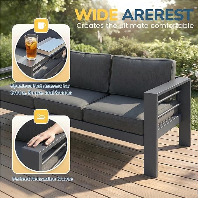 Solaste Aluminum Patio Furniture Set for All Weather, Oversized Metal Outdoor Furniture Set with 27.5" Deep Seating and 3.2" WIde Armrest, Outdoor Patio Conversation Sets with 10’’ Back Suport Cushion