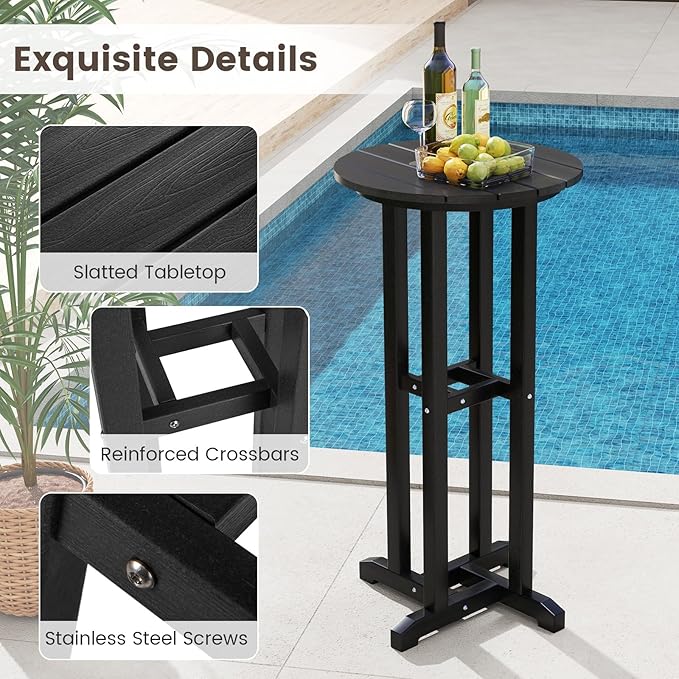 Tangkula 21.5" Round Bar Table, Patio HDPE Bar Height Dining Table w/Slatted Tabletop, Outdoor All-Weather High-Top Bistro Table for Poolside, Backyard, Balcony (Black)