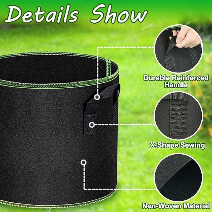 5 Gallon Fabric Grow Bags 6-Pack, Thickened Aeration Planter Bags with Handles Plant Tags Seedling Bags for Outdoor Indoor Vegetable Garden, Black