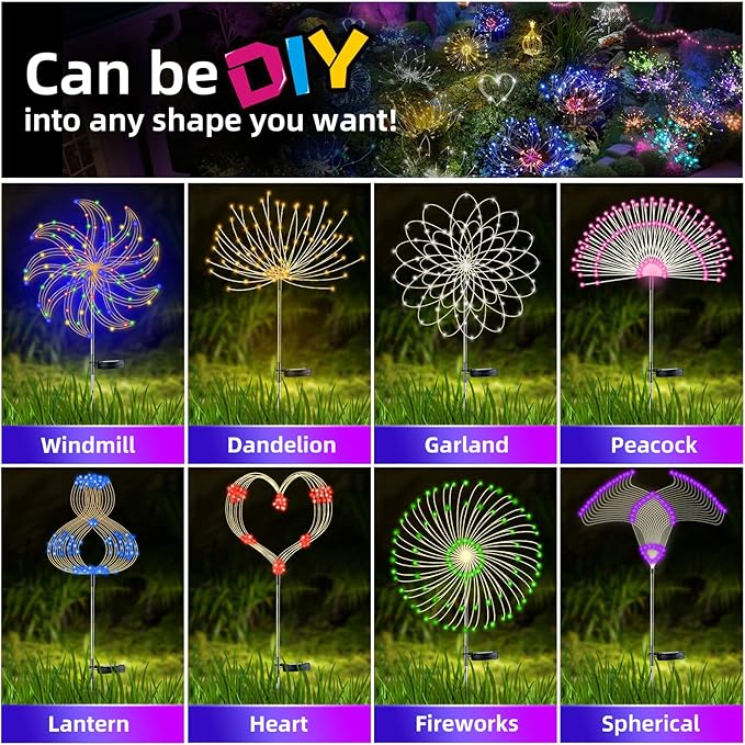2 PCS Solar Firework Light, Outdoor Solar Garden Decorative Lights 120 LED Powered 40 Copper Wires String DIY Landscape Light for Walkway Pathway Backyard Christmas Decoration Parties (Warm White)
