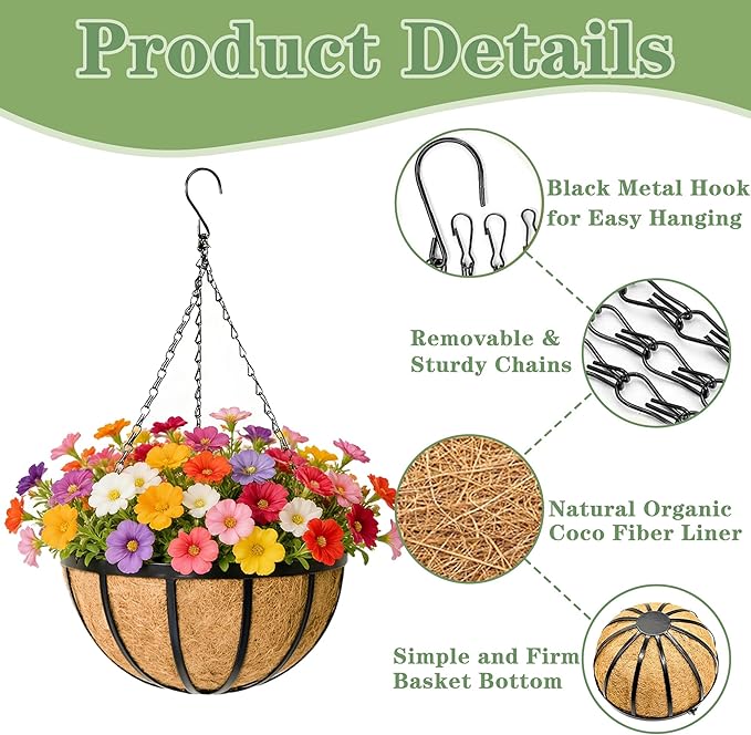 Black Flat Iron Metal Hanging Planter Basket with Coco Coir Liner(4 Pack, 14 Inch) Hanging Planters for Outdoor Plants Round Plant Flower Pots Hanging Flower Basket for Outdoor Patio Garden Decoration