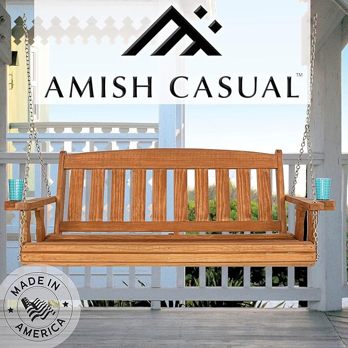 Amish Casual Heavy Duty 800 Lb Mission Treated Porch Swing with Hanging Chains and Cupholders (4 Foot, Cedar Stain)