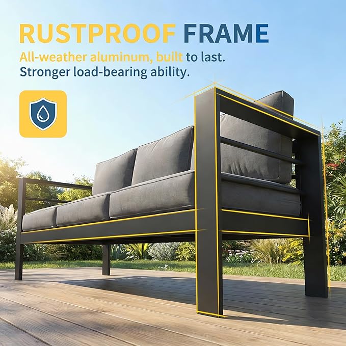 Solaste Aluminum Patio Furniture Set for All Weather, Oversized Metal Outdoor Furniture Set with 27.5" Deep Seating and 3.2" Wide Armrest, Outdoor Patio Sofa with 10" Back Suport Cushion