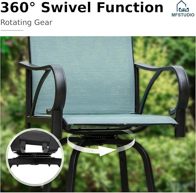 MFSTUDIO Outdoor Bar Stools Set of 4, Swivel Bar Height Patio Chairs Outdoor Barstools High Top Patio Swivel Bar Chairs with Armrest, Breathable Textilene, Turquoise Blue