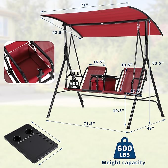 2-Person Porch Swing with Cup Holders, Pivot Storage Table & Cooler Bag, Adjustable Canopy, Black Steel Frame Outdoor Patio Swing for Backyard, Balcony & Poolside