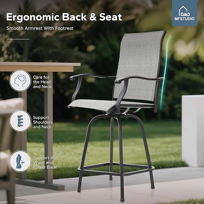 MFSTUDIO Outdoor Bar Stools Set of 4, Swivel Bar Height Patio Chairs Outdoor Barstools High Top Patio Swivel Bar Chairs, Breathable Textilene, Light Grey