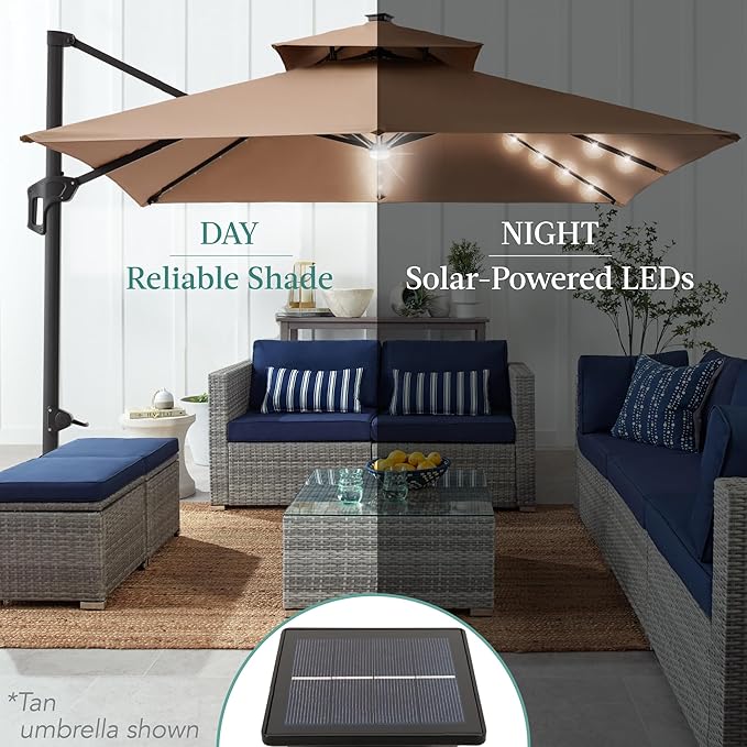 Best Choice Products 10x10ft Cantilever Patio Umbrella w/Base Included, Solar LED Lights 360 Rotation Large Offset Hanging Outdoor Shade for Deck Pool Backyard w/Stand – Sand