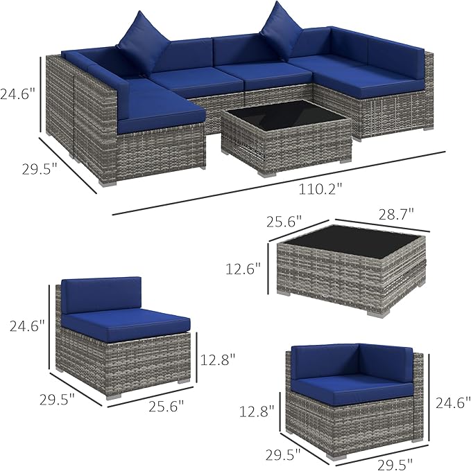 Outsunny 7 Piece Patio Furniture Set, Wicker Outdoor Sectional Sofa Set, All Weather PE Rattan Outdoor Furniture Conversation Sets with Cushions, Glass Top Coffee Table, Pillows, Blue