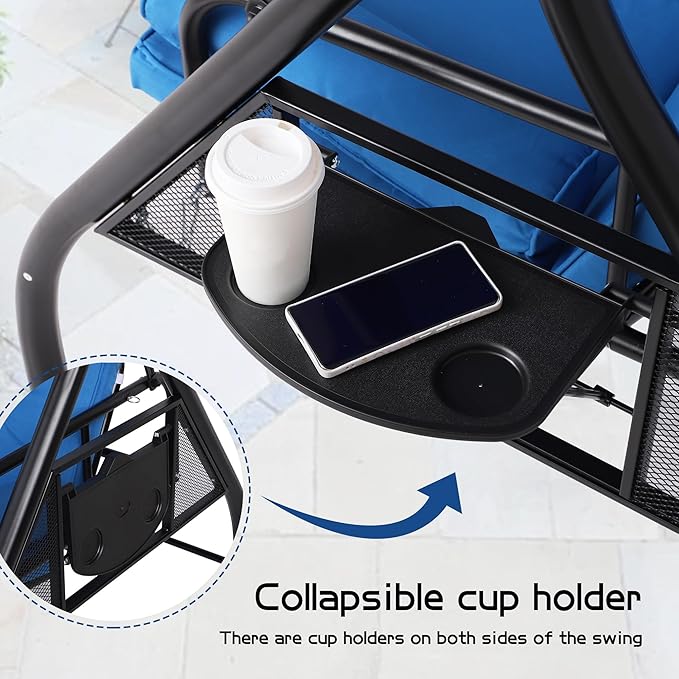 3 Seat Outdoor Porch Swings with Adjustable Canopy - Patio Porch Swing Glider Bench with Stand, Heavy Duty Swing Bed W/Cushions Pillows and Cup Holder for Backyard Garden Lawn Poolside (Blue)