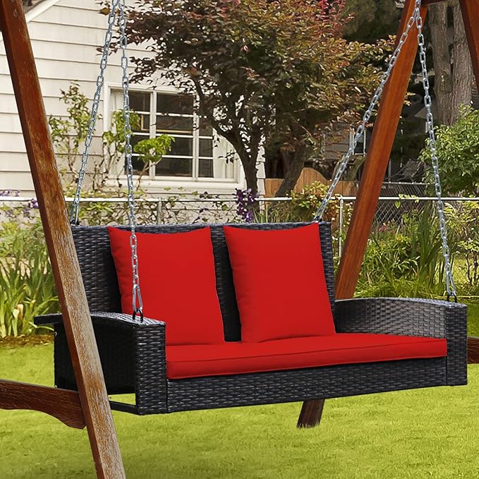 RELAX4LIFE Porch Swing 2-Seat Patio Rattan, Wicker Porch Swings Outdoor W/Two 7.9 Ft Solid Steel Chain, Comfortable Back & Seat Cushions, for Front Porch, Garden, Backyard Patio Swing (Red)