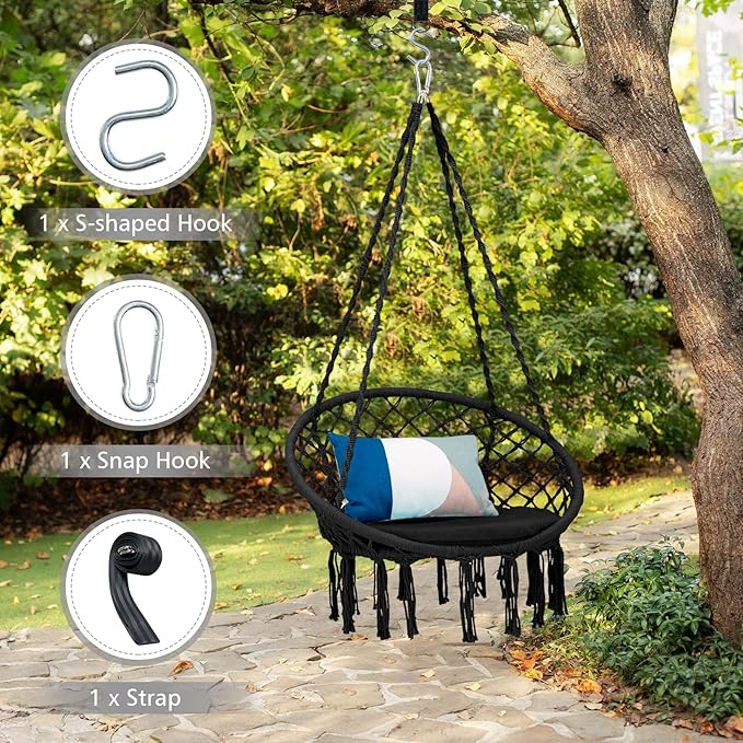Giantex Hammock Chair Macrame Swing - Hanging Chair with Cushion and Hardware Kit, 330 LBS Weight Capacity, Indoor Swing for Hammock Stand, Patio, Balcony, Living Room Hammock Swing (Black)
