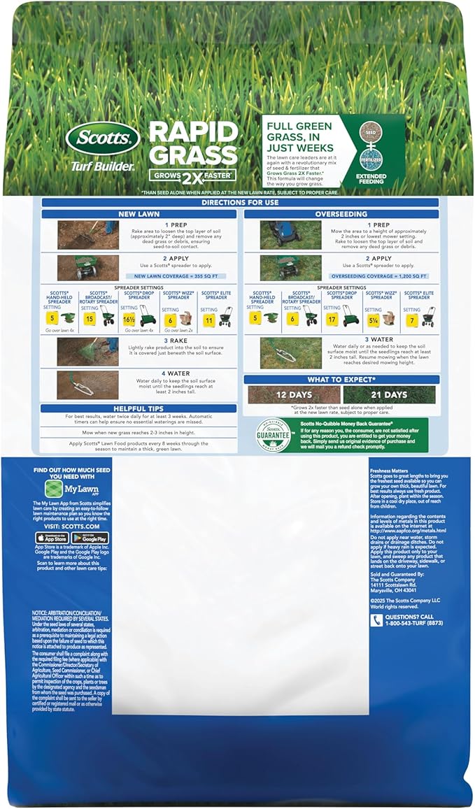 Scotts Turf Builder Rapid Grass Sun and Shade Mix, Combination Seed and Fertilizer, Grows Green Grass in Just Weeks, 2.4 lb.