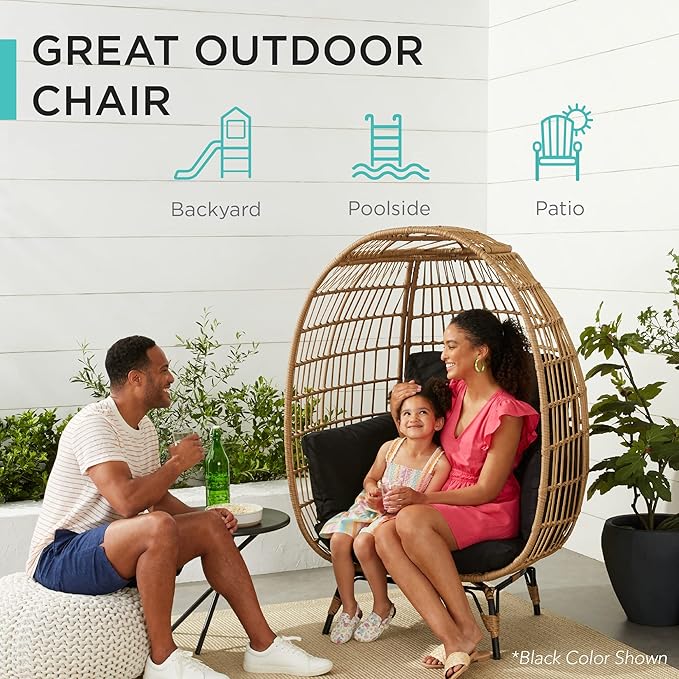 Best Choice Products Wicker Egg Chair, Oversized Indoor Outdoor Lounger for Patio, Backyard, Living Room w/ 4 Cushions, Steel Frame, 440lb Capacity - Navy