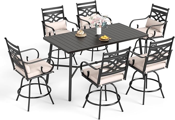 Sophia & William 7-Piece Outdoor Bar Set, Bar Height Patio Table and Chairs for 6, 6 Outdoor Swivel Bar Stools with Beige Cushion and 1 Rectangular Bar Height Table