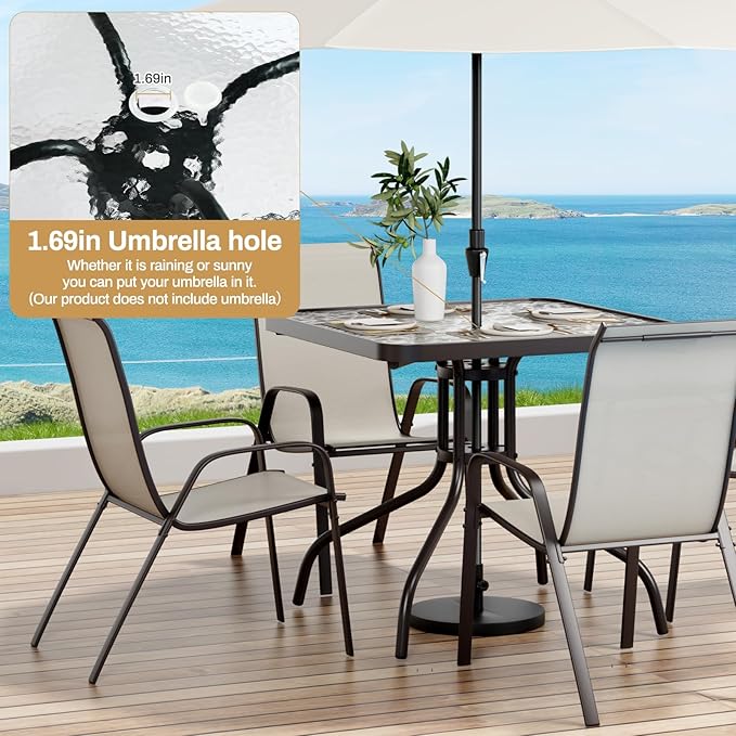 Arlopu 5 Piece Outdoor Patio Dining Set (Umbrella not Included), Porch Furniture with 4 Textline Chairs, 1 Square Glass Table for Garden, Backyard and Poolside, Lawn (Beige)
