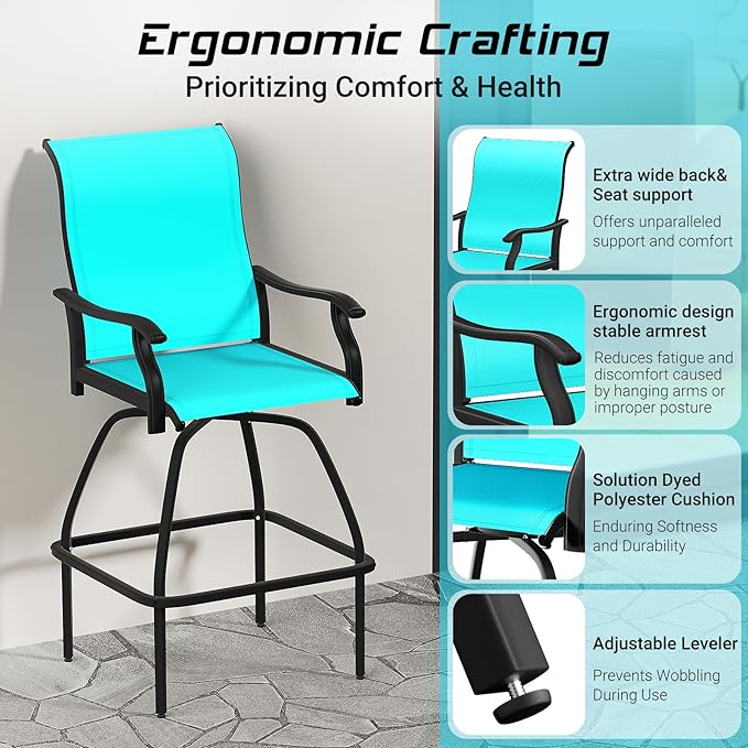 LEVELEVE Patio Bar Set 2pcs Swivel Bar Stools Outdoor Bistro Textilene Furniture Stability All-Weather Set (5, Lake Blue Padded)