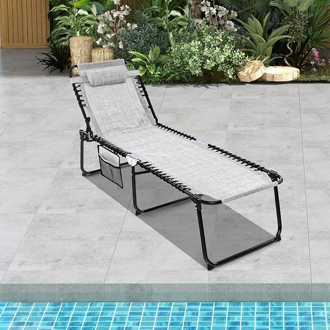 GYMAX Lounge Chairs for Outside, Extra High Folding Beach Tanning Lounger with Adjustable Backrest, Footrest & Removable Pillow, Sunbathing Lounge for Patio, Poolside (2, Grey with Pocket)