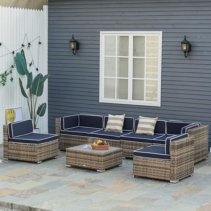 Outsunny 7 Piece Patio Furniture Set, Wicker Outdoor Sectional Sofa Set, All Weather PE Rattan Outdoor Furniture Conversation Sets with Cushions, Faux Wood Coffee Table, Striped Pillows, Blue