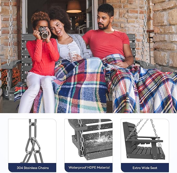 KINGYES Outdoor Hanging Porch Swing, 2 Seat Patio Chair With Cup Holders, Waterproof Bench for Courtyard & Garden, 660LBS Weight Capacity, Gray