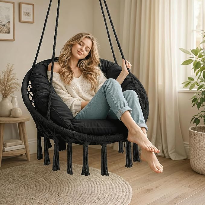 Athena Collection Hammock Chair Hanging Swing Chair with Large Thick Cushions, Outdoor Hanging Chair with Macrame Cotton Rope for Indoor, Outdoor, Bedroom, Balcony, Holds 350 Lbs, Black