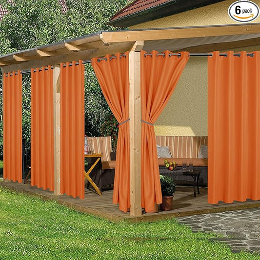 HolidayIdeas Outdoor Curtains for Patio Waterproof, 6 Panels - 54x84 Inches - Weatherproof Privacy Outsides Curtains for Cabana Porch Pergola, Sunlight & UV Blocking (Mecca Orange, Grommet Top)
