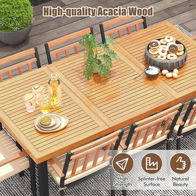 Tangkula 9 Pieces Patio Dining Set, Outdoor Acacia Wood Table and Chairs with Soft Cushions and 1.9” Umbrella Hole, Outdoor Patio Furniture Set for Garden, Deck and Backyard