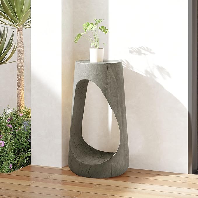 Christopher Knight Home Novi 26.57" H Lightweight Concrete Outdoor Side Table, Hollow Round-Shaped Patio End Table, MGO Outdoor Coffee Table, Garden Plant Stand Indoor, Wood-Like Texture, Gray