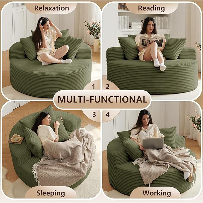 Oversized Round Chair Lounge Chaise Indoor, Upholstered Corduroy Deep Seat Cloud Large Circle Sofa Chair, No Assembly Required, Fluffy Modern Sleeper Sofa Bed for Reading, Living Room, Light Green