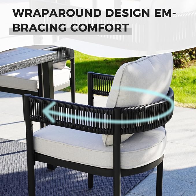 Grand patio 7-Piece Outdoor Dining Set for 6 with 79" Rectangle Expandable Table for 4-6 Person, Metal Woven Wicker Fixed Patio Chairs with Thickened Cushions for Yard, Poolside, Deck (Black)