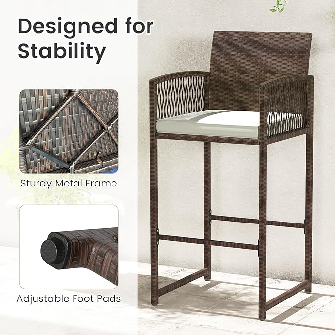 Tangkula Patio Bar Stools Set of 4, PE Rattan Bar Height Chairs with Backrests, Armrests, Footrests & Soft Cushions, Outdoor High Top Barstools with Metal Frames for Backyard (4 Pack)