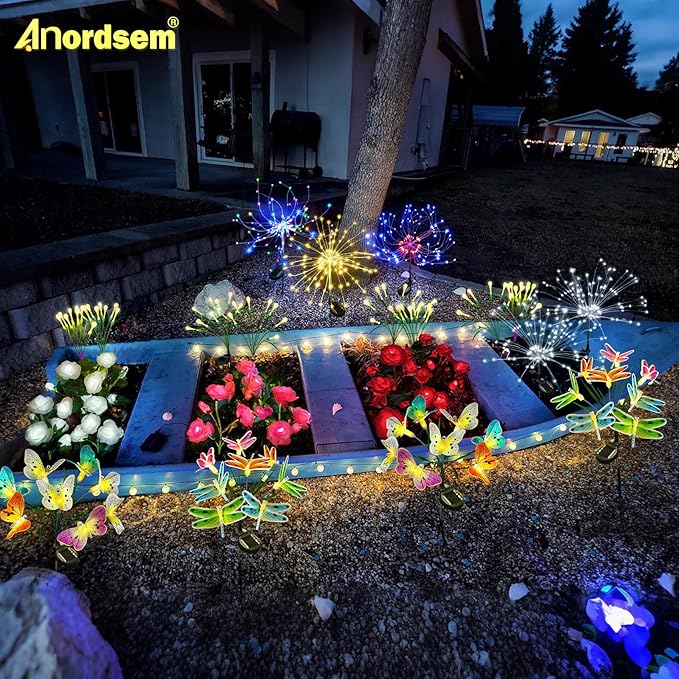 Anordsem Solar Garden Lights Outdoor: 8 Removable Fiber Optic Fabric Dragonflies 4 Pack - Waterproof Fun Animal Decoration for Yard Patio - Gardening Gifts for Garden Lovers