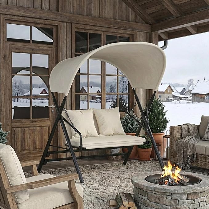AECOJOY Outdoor Porch Swings for Adults 600LBS 2 Seat Patio Swings with Canopy Stand Thick Cushion Pillows Metal Steel Frame Patio Swing Chair for Garden Yard Deck Poolside Easy Assembly